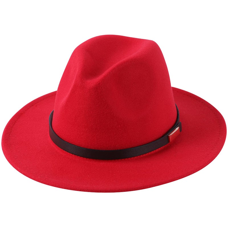 Lanzom Women Lady Retro Wide Brim Floppy Panama Hat Belt Buckle Wool Fedora Hat Fit Size 6 8/7-7 1/4 (Z Belt-Red, One Size) - Image 1